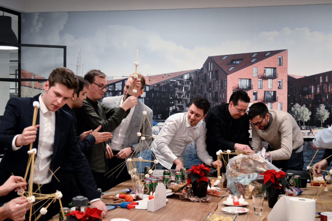 engineering party Christmas spaghetti marshmallow challenge
